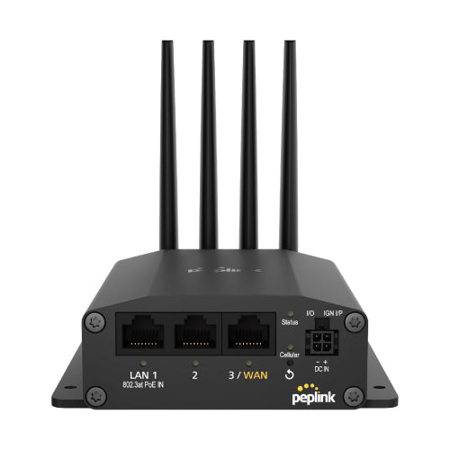 Peplink MAX BR1 Mini 5G router with four antennas, LAN/WAN ports (no WiFi/GPS).