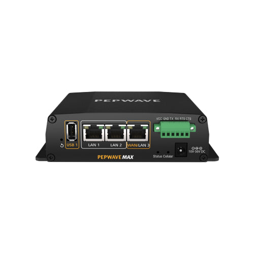 Peplink MAX BR1 Mini LTE-A router with LAN/WAN ports, USB input.