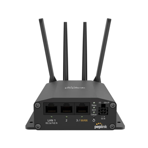 Peplink MAX BR1 Mini LTE router with four antennas, LAN/WAN ports, and PoE support.