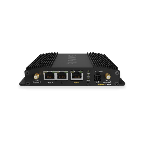 Peplink MAX BR1 Pro LTE-A router with LAN/WAN ports and Wi-Fi antenna connectors.