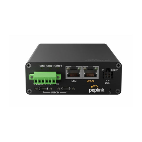 Peplink MAX Transit Duo Pro router with LAN/WAN ports, USB-C input.